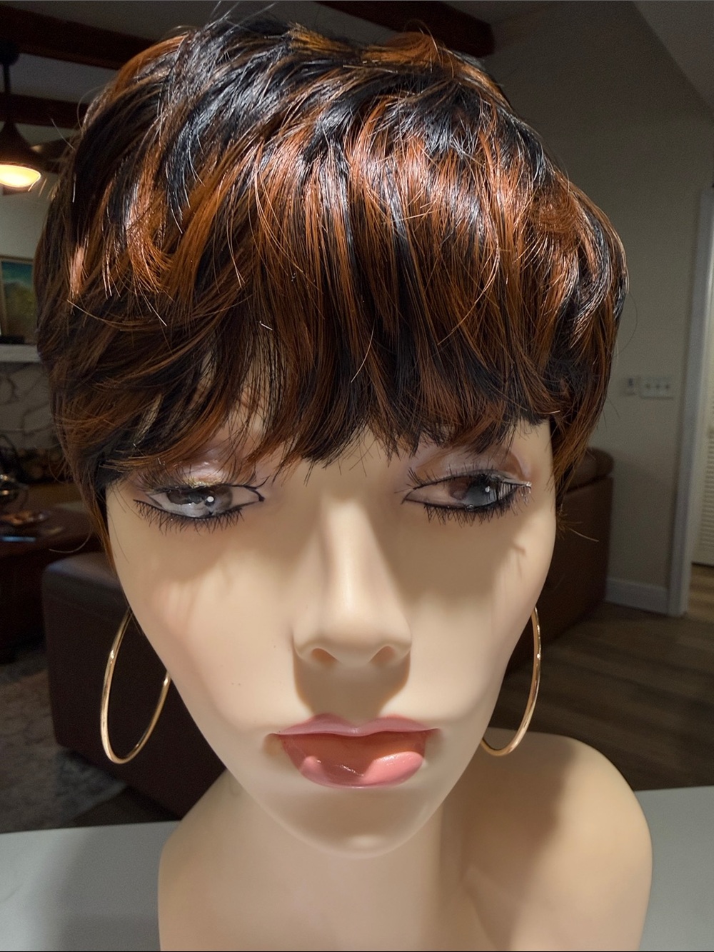 HAIR, Pixie Cut with Bangs, Black with Copper/Carmel highlights - Picture 8 of 13